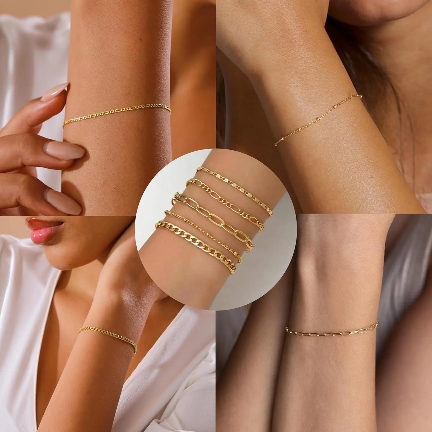 Gold Bracelets Set for Women,14K Gold Plated Dainty Gold Link Chain Bracelets