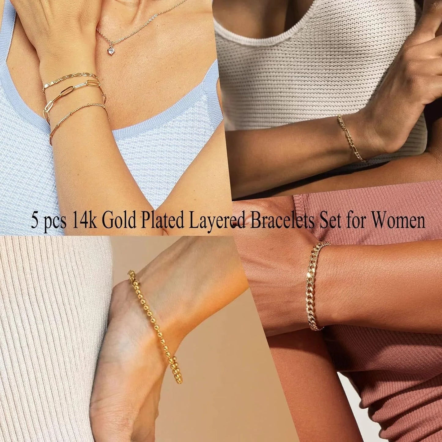 Gold Bracelets Set for Women,14K Gold Plated Dainty Gold Link Chain Bracelets