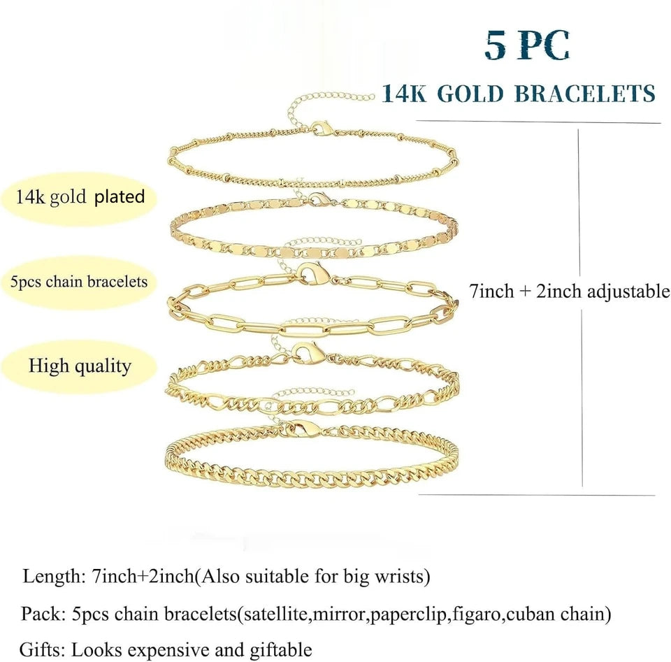 Gold Bracelets Set for Women,14K Gold Plated Dainty Gold Link Chain Bracelets